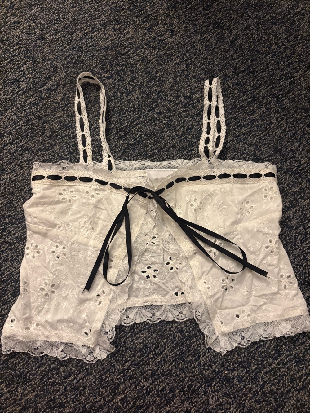 White Eyelet Lace Camisole with Black Ribbon - Sky To Moon Women’s Size Small